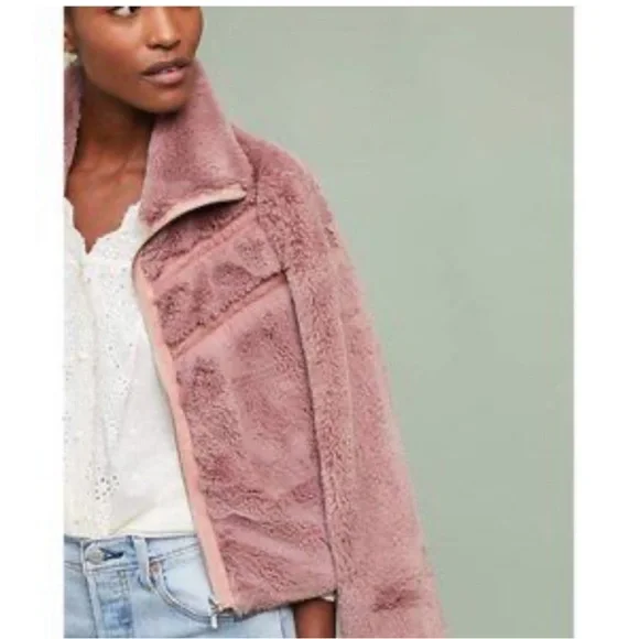 Anthropologie Faux Fur Jacket Teddy Bomber Mauve Dusty Rose - Picture 15 of 15